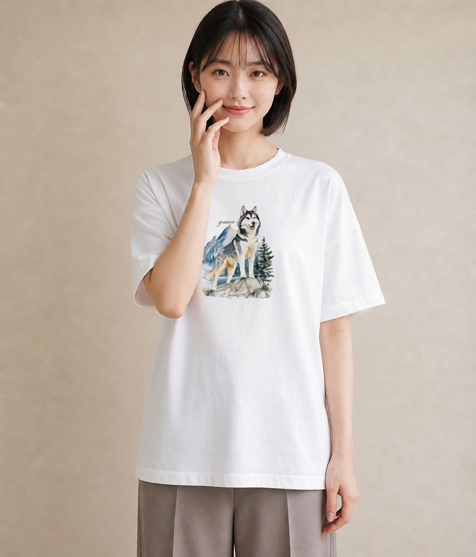 グラフィックTシャツ レディース シベリアンハスキー 犬 いぬ イラスト 線画 女性向けギフト 散歩 白T YMAZO