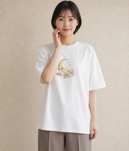 プリントTシャツ レディース 月 星空 宇宙 イラスト きれいめ 社会人 女性 白T YMAZO