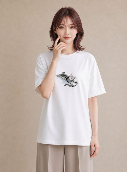 デザインTシャツ レディース ねこ 猫 ネコ イラスト ポップ 社会人 女性 白T YMAZO