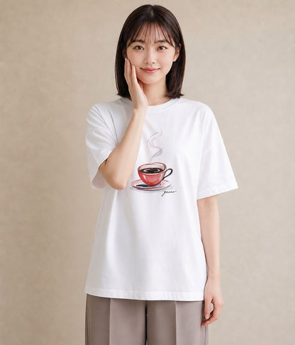 Tシャツ レディース コーヒー カフェ 珈琲 イラスト 淡色 ラフ レイヤード 白T YMAZO