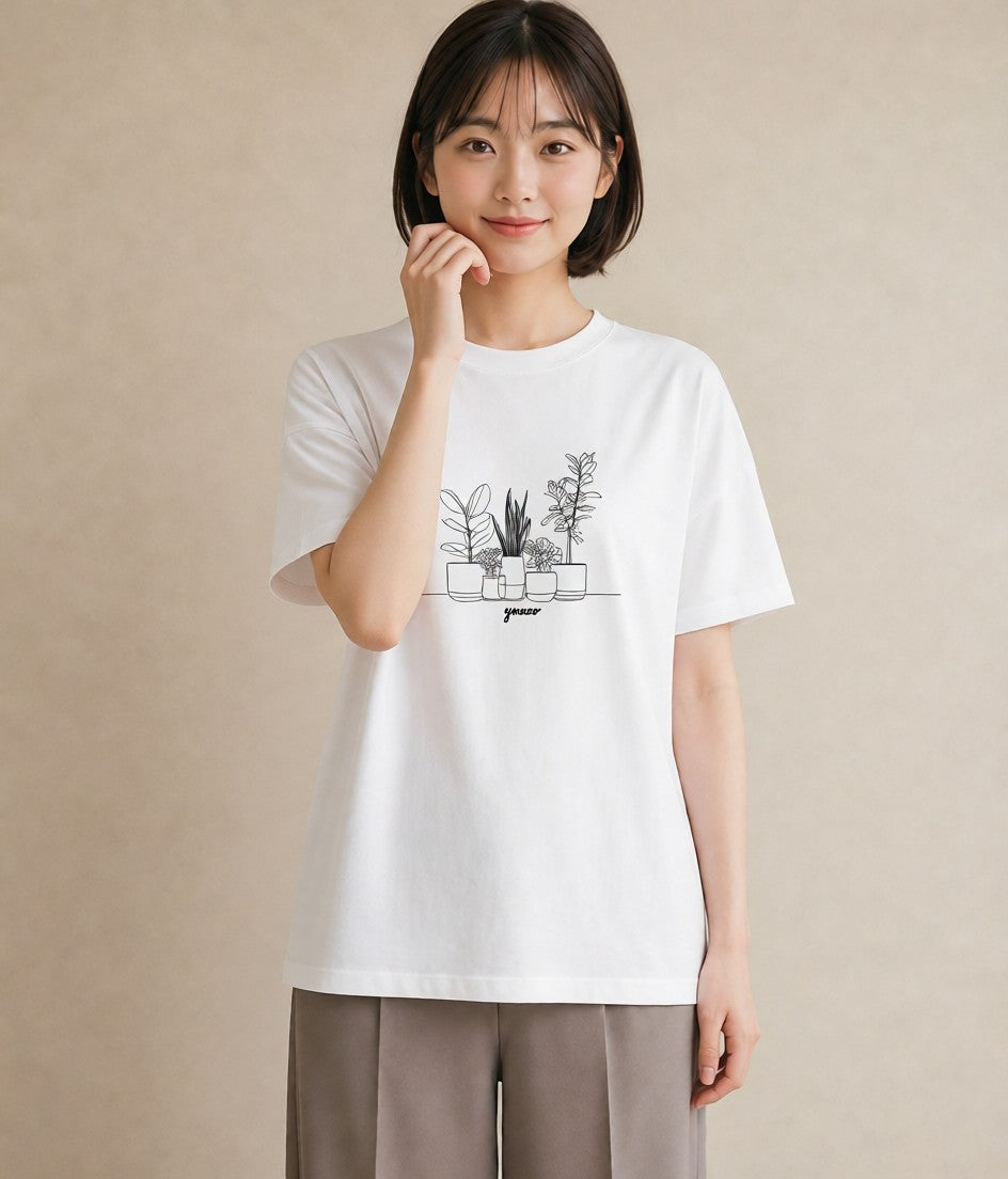 グラフィックTシャツ レディース 夕暮れ バルコニー 夕焼け ナチュラル アンティーク イラスト カジュアル 買い物 夏コーデ 白T YMAZO