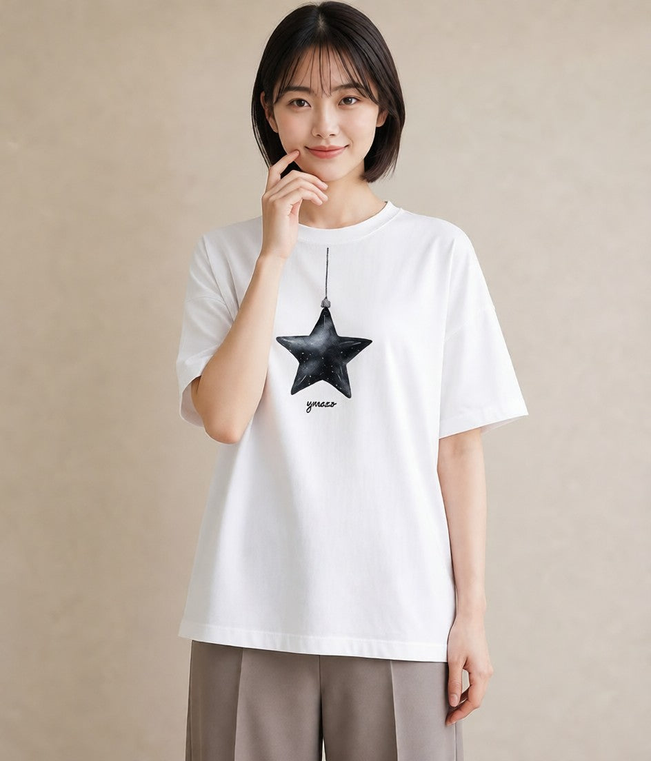 プリントTシャツ レディース スター 星空 宇宙 イラスト ゆるかわ ミセス 春コーデ 白T YMAZO