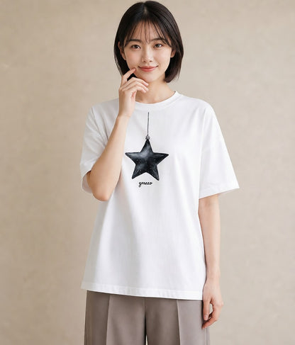 プリントTシャツ レディース スター 星空 宇宙 イラスト ゆるかわ ミセス 春コーデ 白T YMAZO