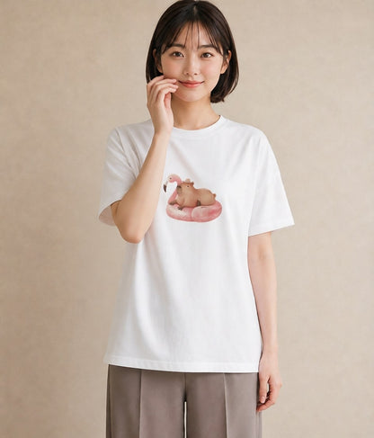 Tシャツ レディース ハムスター ペット 動物 イラスト 買い物 夏コーデ 白T YMAZO