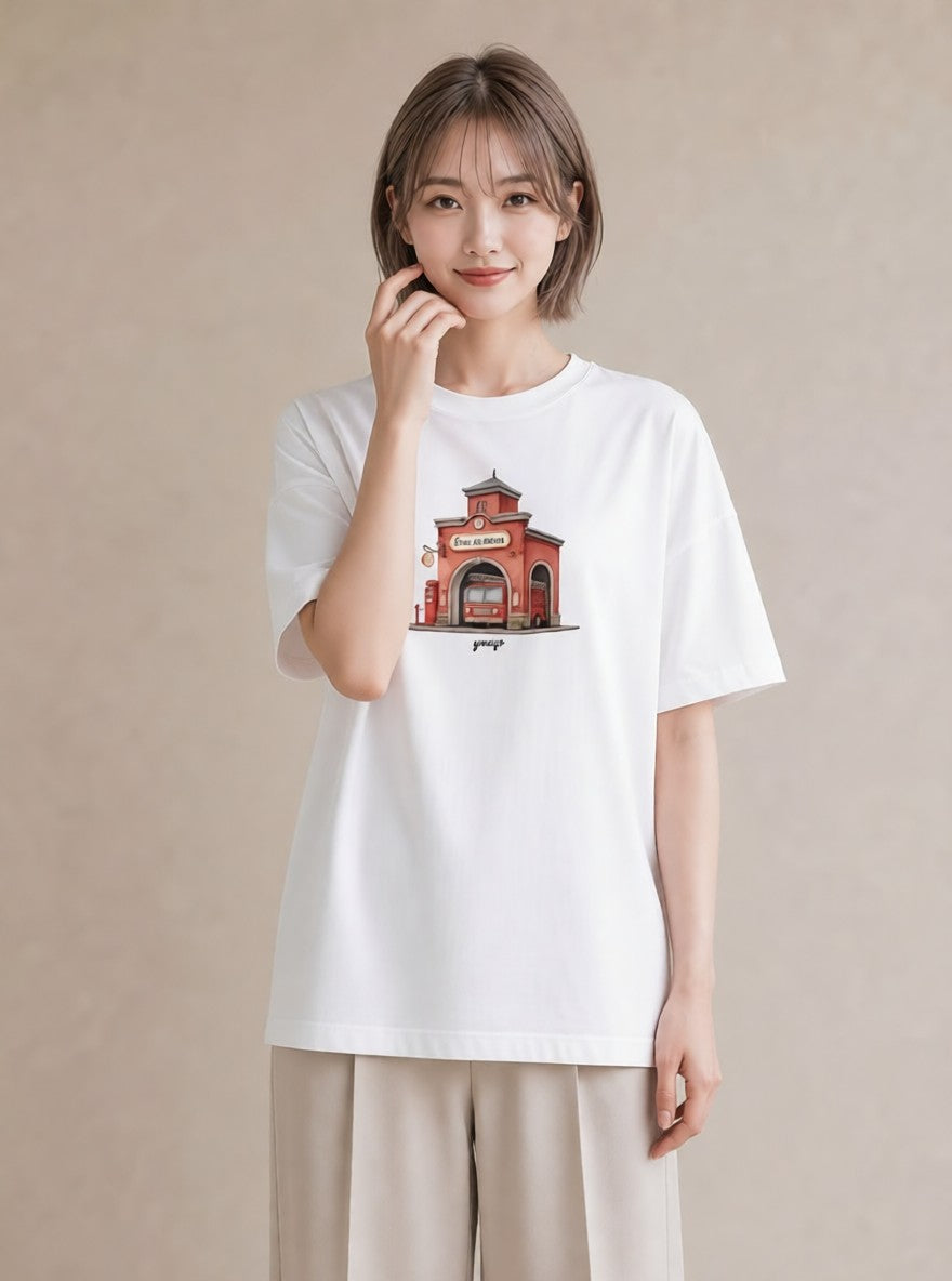デザインTシャツ レディース 駅のホーム ローカル線 駅 ナチュラル アンティーク イラスト お洒落 誕生日プレゼント 綿100 白T YMAZO