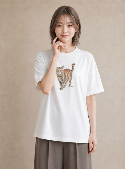 半袖Tシャツ レディース アメリカンショートヘア 猫 ねこ イラスト カフェコーデ 公園 ママ 白T YMAZO