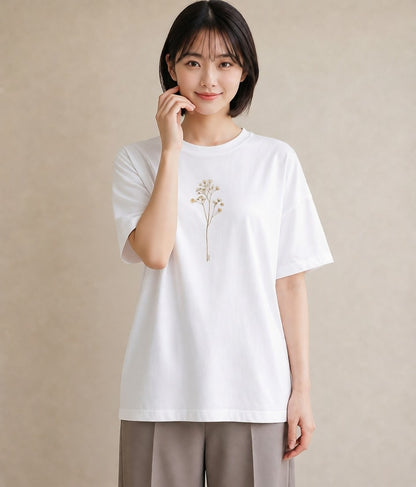 グラフィックTシャツ レディース カスミソウ かすみ草 花 花柄 イラスト ユニーク 買い物 夏コーデ 白T