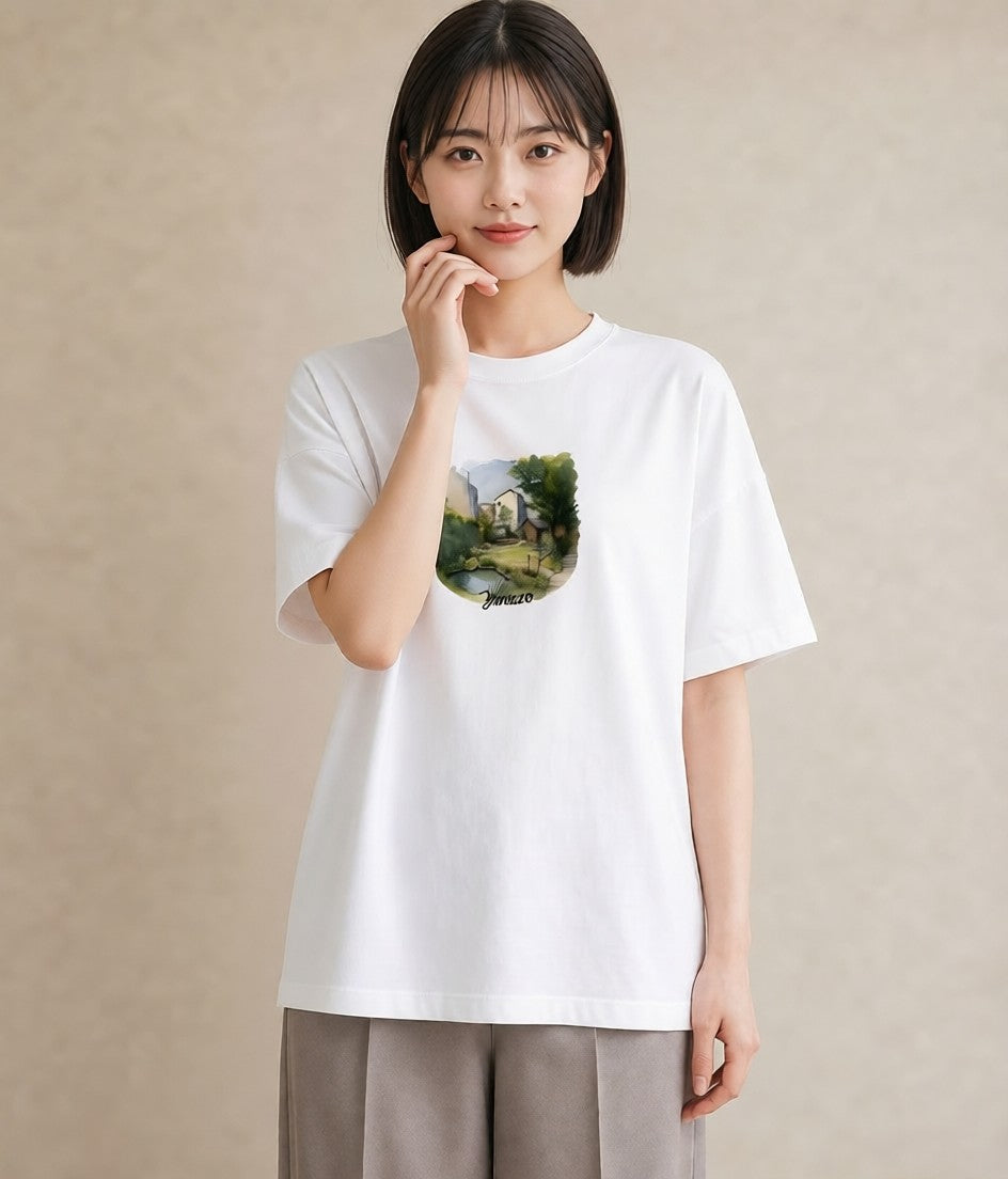 半袖Tシャツ レディース 雨上がりのベンチ ベンチ ナチュラル アンティーク イラスト 水彩風 お出かけ 普段着 白T YMAZO