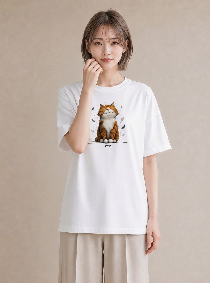 半袖Tシャツ レディース 茶トラ 茶猫 猫 ねこ イラスト シック 綿100 デート 白T YMAZO