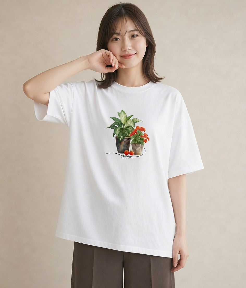 グラフィックTシャツ レディース 観葉植物 植物 ボタニカル イラスト ミニマル 秋コーデ おしゃれギフト 白T YMAZO