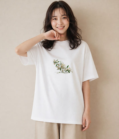 Tシャツ レディース 金木犀 花 花柄 イラスト ニュアンス 敬老の日 ホワイトデー 白T YMAZO