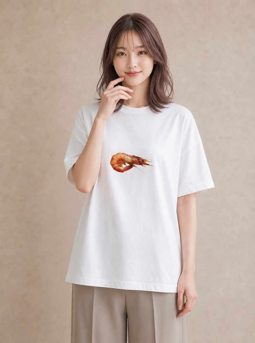 半袖Tシャツ レディース エビ 海の生き物 海 イラスト 水彩風 ビーチ デイリーウェア 白T YMAZO