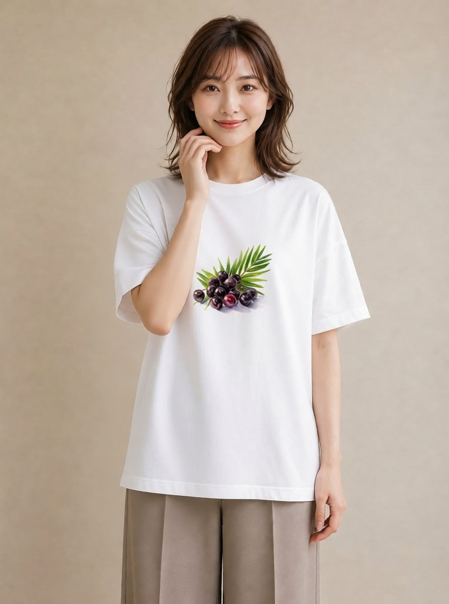プリントTシャツ レディース ぶどう 葡萄 食べ物 フード イラスト シック 送別ギフト 通勤 白T YMAZO