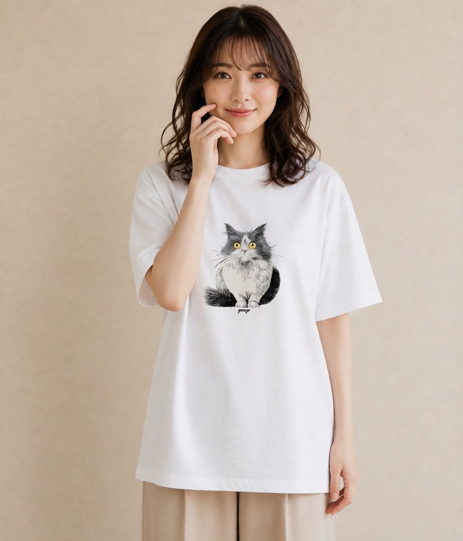 Tシャツ レディース スコティッシュフォールド 猫 ねこ イラスト ゆるコーデ 親子 20代 白T YMAZO