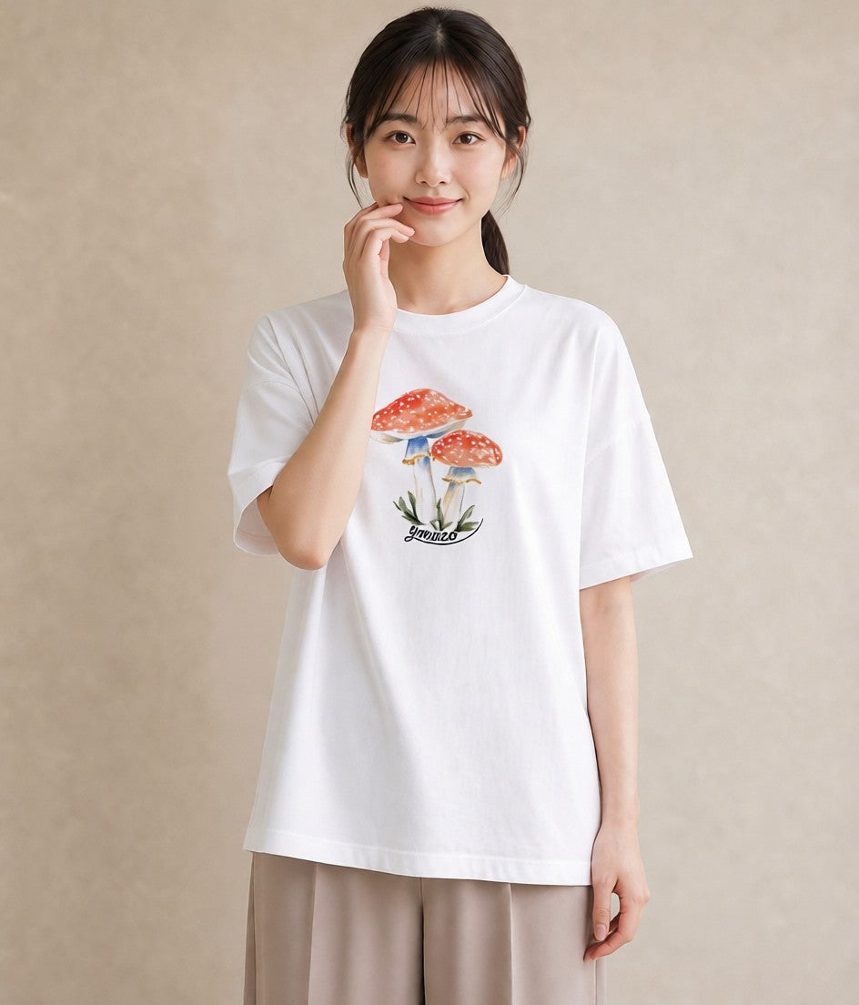 グラフィックTシャツ レディース きのこ 植物 ボタニカル イラスト 可愛い ホワイトデー 春服 白T YMAZO