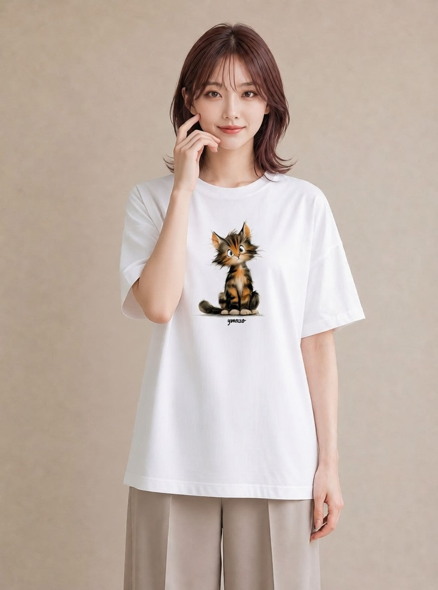 半袖Tシャツ レディース ぶち猫 猫 ねこ イラスト カフェコーデ 公園 ママ 白T YMAZO