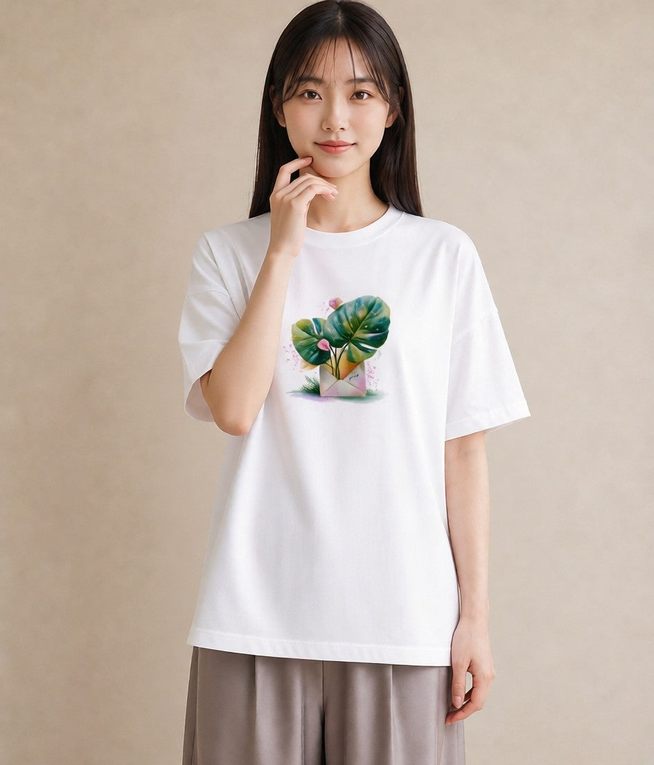 デザインTシャツ レディース モンステラ 植物 ボタニカル イラスト 線画 おしゃれギフト 社会人 白T YMAZO