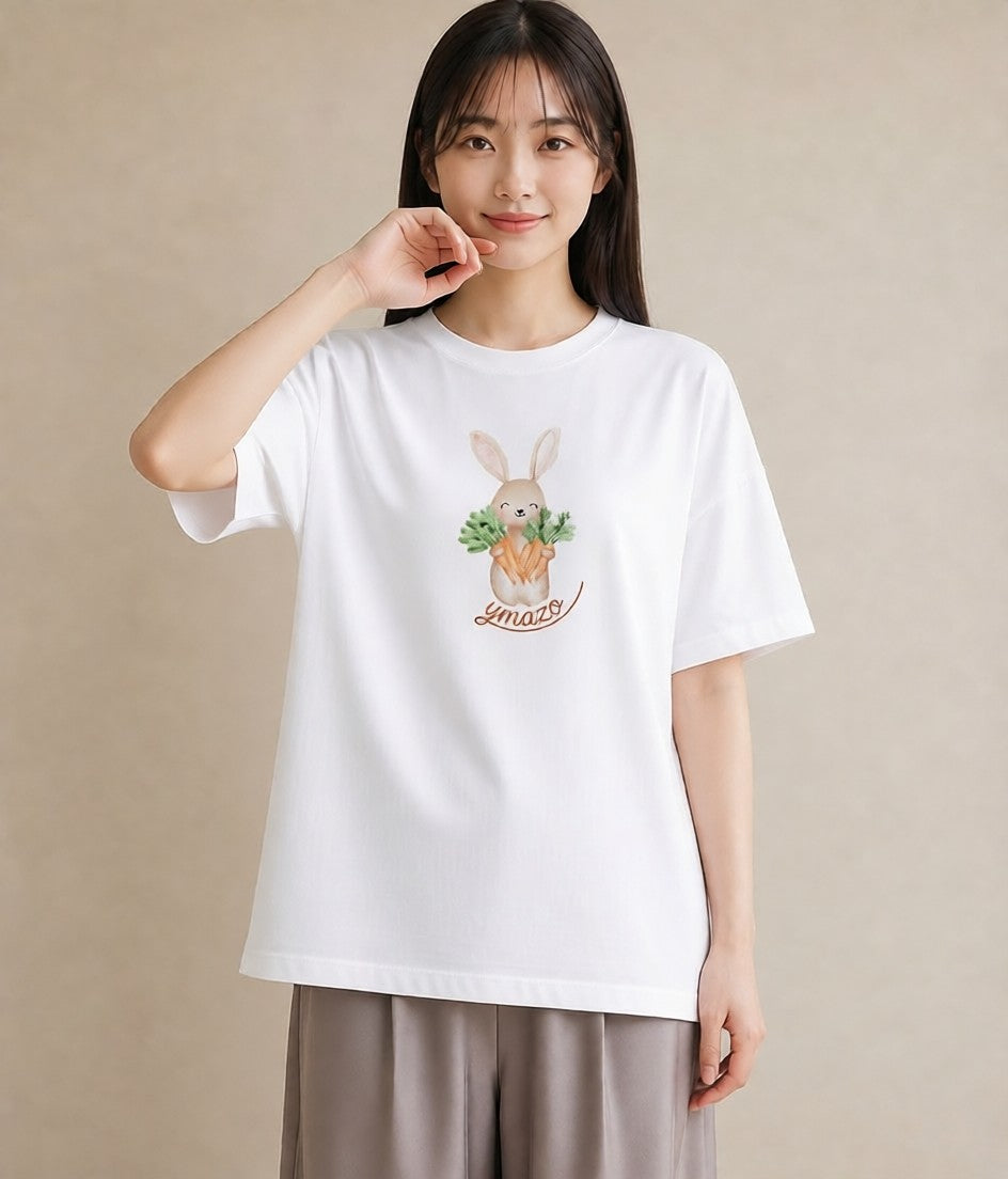 Tシャツ レディース ウサギ系野生 動物 アニマル イラスト 在宅 公園 白T YMAZO