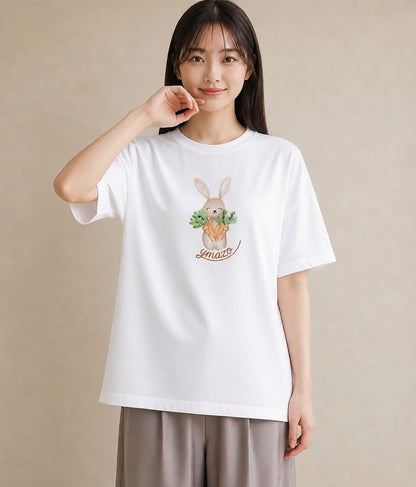Tシャツ レディース ウサギ系野生 動物 アニマル イラスト 在宅 公園 白T YMAZO