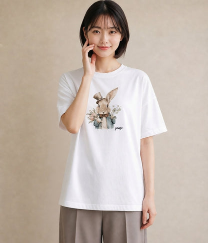 デザインTシャツ レディース ライオンラビット ペット 動物 イラスト 旅行用 海 白T YMAZO