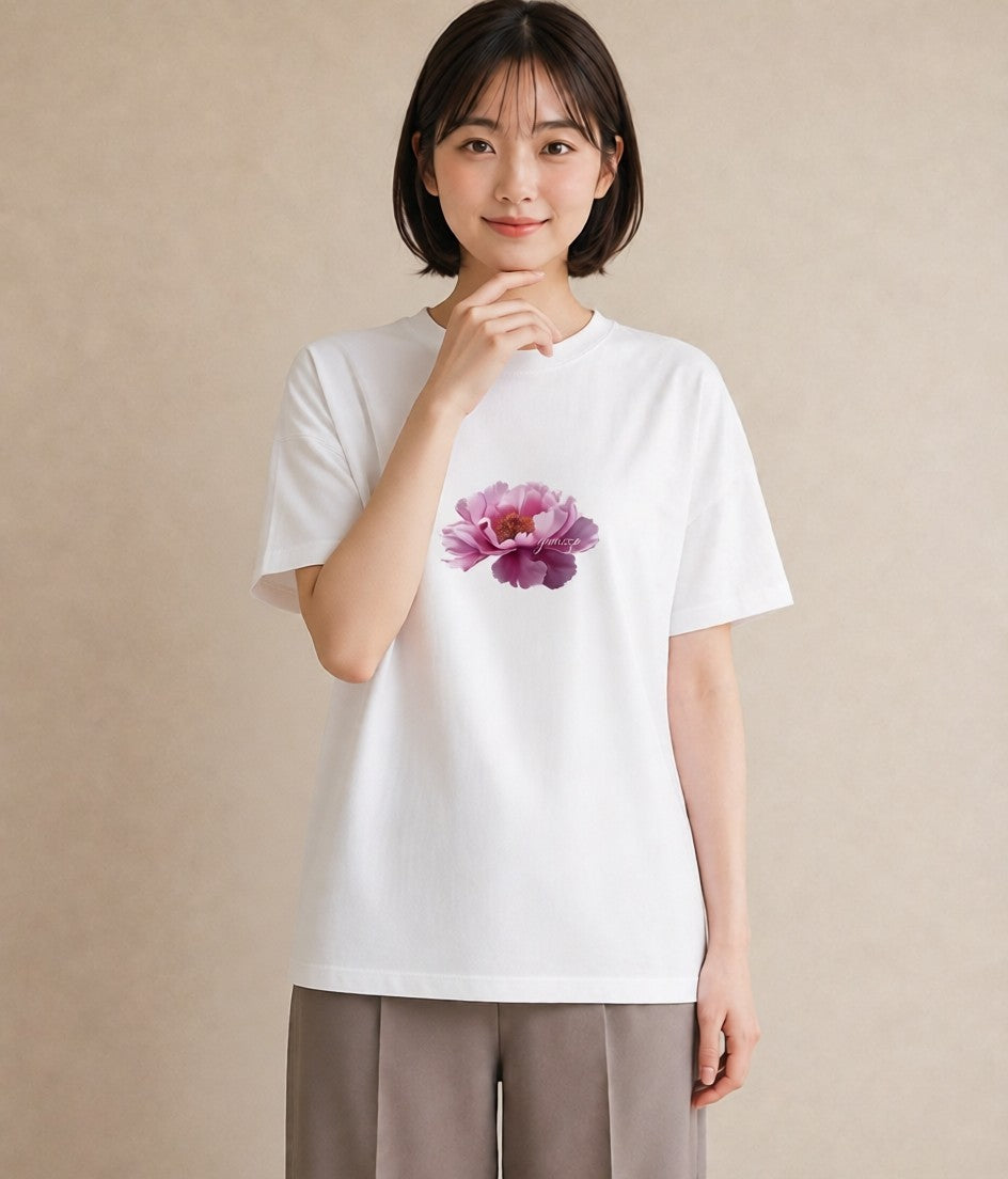 半袖Tシャツ レディース 牡丹 花 花柄 イラスト お洒落 デイリーウェア 休日 白T YMAZO