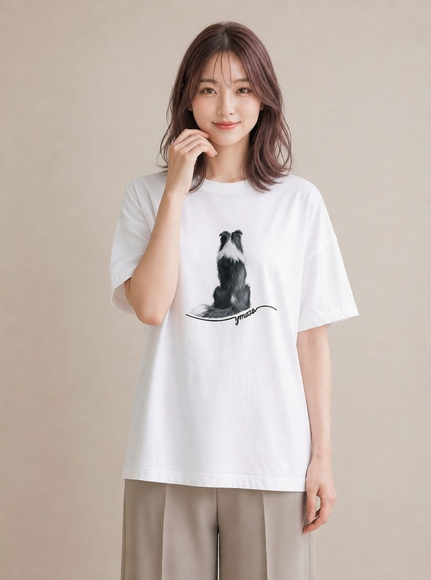 デザインTシャツ レディース ボーダーコリー 犬 いぬ イラスト ラフカジュアル 公園 ママ 白T YMAZO