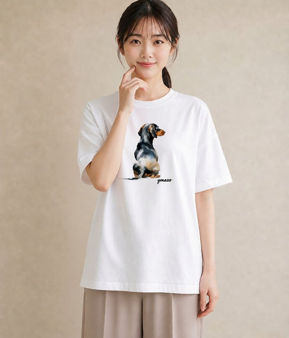 デザインTシャツ レディース ミニチュアダックスフンド 犬 いぬ イラスト フェミニン 通学 誕生日プレゼント 白T YMAZO