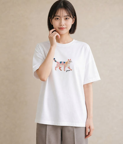 半袖Tシャツ レディース アメリカンショートヘア 猫 ねこ イラスト ヴィンテージ風 送別ギフト 通勤 白T YMAZO