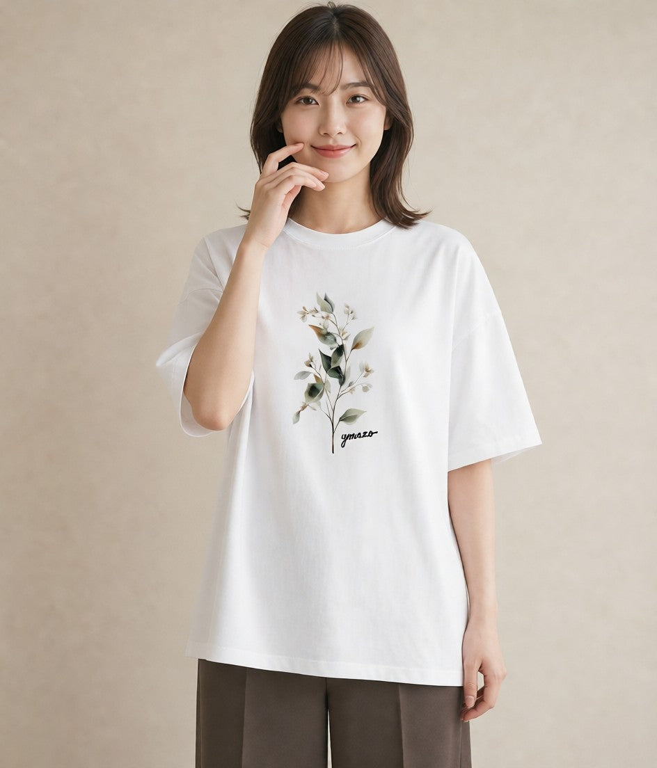グラフィックTシャツ レディース ガラス瓶 小枝 ボタニカル ナチュラル アンティーク イラスト ニュアンス 女性 旅行用 白T YMAZO