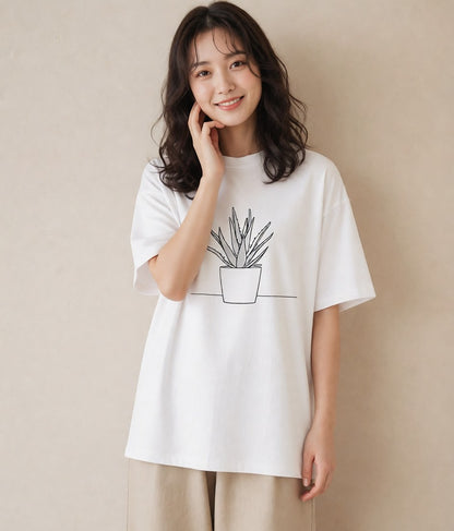 グラフィックTシャツ レディース 観葉植物 ボタニカル 植物 イラスト きれいめ ママ カフェ服 白T YMAZO