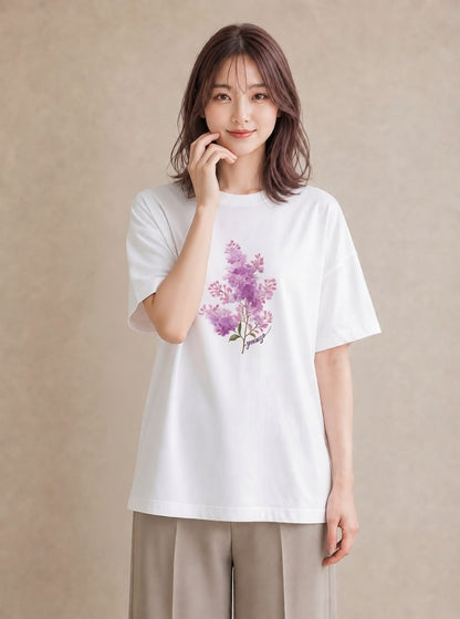 半袖Tシャツ レディース ラベンダー 花 花柄 イラスト 散歩 お出かけ 白T