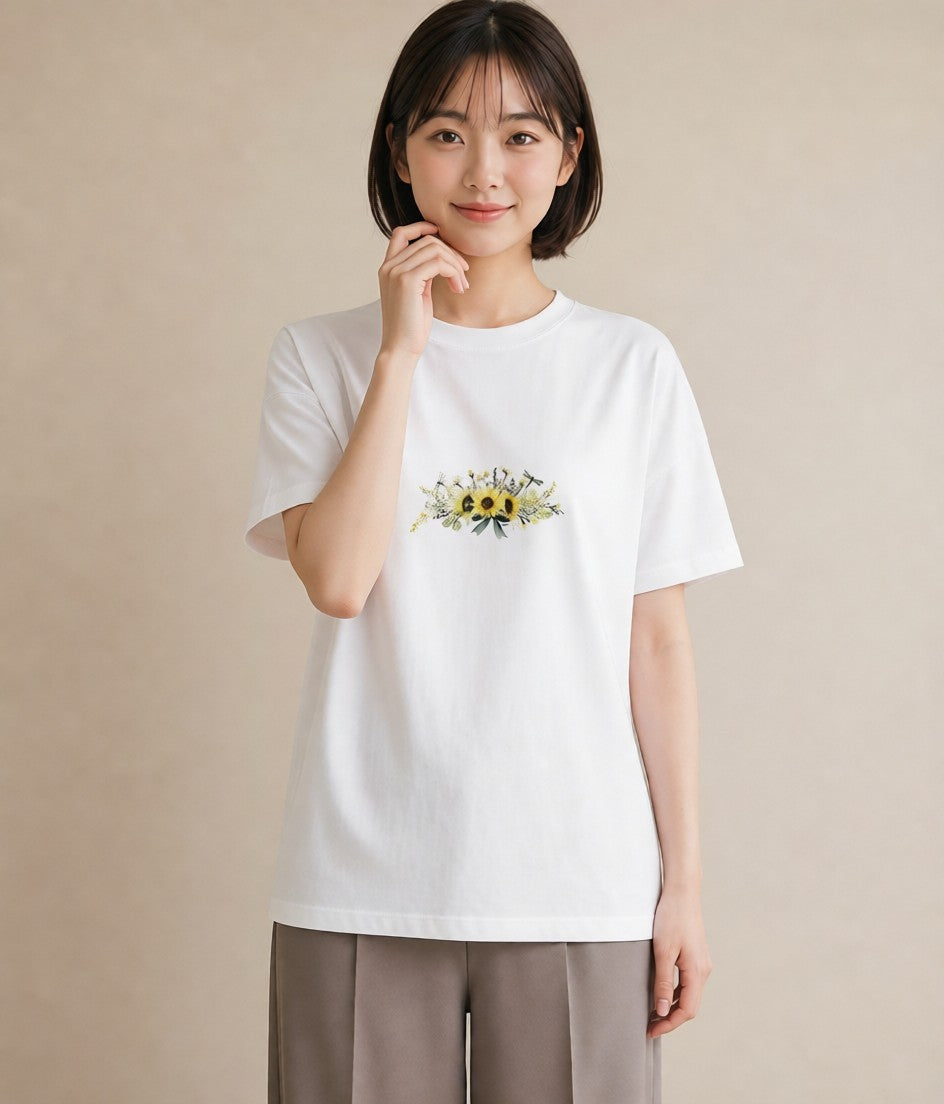 Tシャツ レディース ひまわり 向日葵 花 花柄 イラスト 可愛い 公園 ママ 白T YMAZO