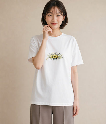 Tシャツ レディース ひまわり 向日葵 花 花柄 イラスト 可愛い 公園 ママ 白T YMAZO