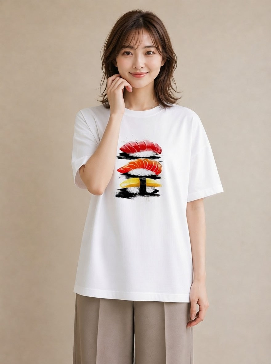 Tシャツ レディース お寿司 食べ物 フード イラスト ラフカジュアル 海 カフェ巡り 白T YMAZO