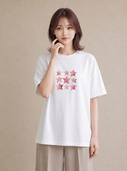 デザインTシャツ レディース 星空 宇宙 イラスト 休日コーデ 買い物 夏コーデ 白T YMAZO