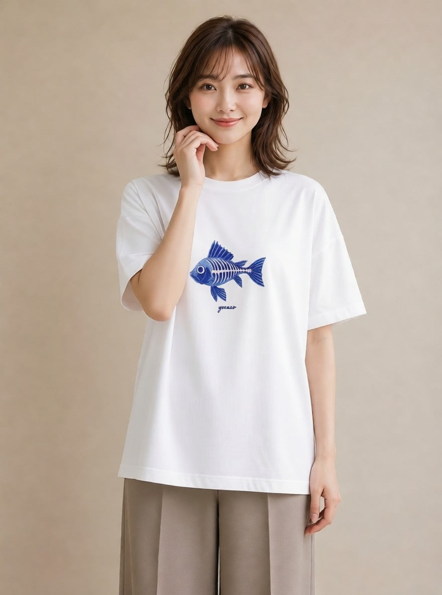 デザインTシャツ レディース メダカ ペット 動物 イラスト アート風 親子 20代 白T YMAZO