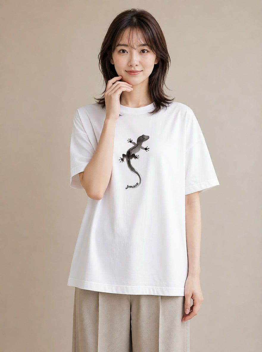 グラフィックTシャツ レディース ヤモリ ペット 動物 イラスト ラフ レイヤード 白T YMAZO