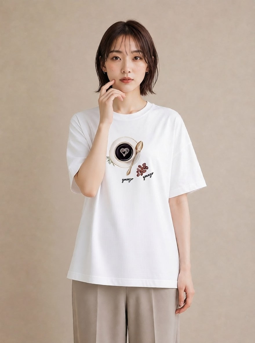 グラフィックTシャツ レディース カフェオレ 食べ物 フード イラスト こなれ感 友達ギフト 部屋着 白T YMAZO