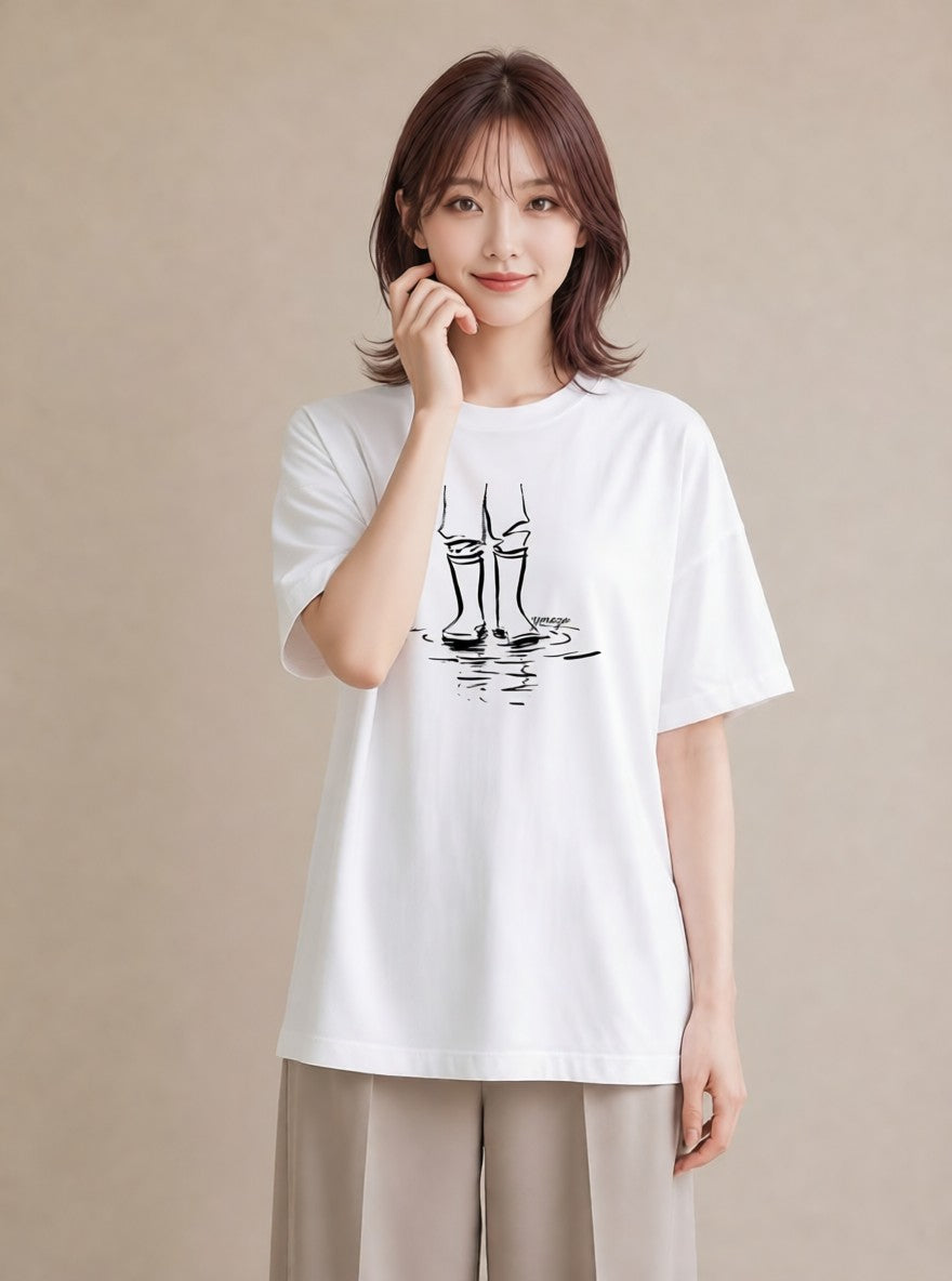プリントTシャツ レディース 雨上がりの小道 雨上がり 小道 ナチュラル アンティーク イラスト 通学 誕生日プレゼント 白T YMAZO