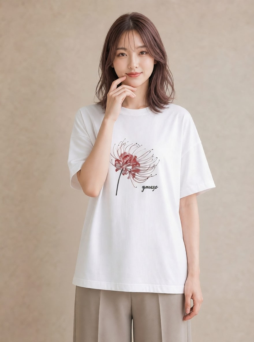 グラフィックTシャツ レディース 彼岸花 花 花柄 イラスト 抜け感 敬老の日 ホワイトデー 白T YMAZO