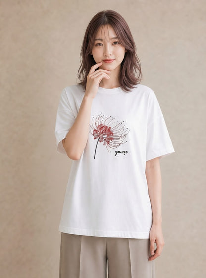 グラフィックTシャツ レディース 彼岸花 花 花柄 イラスト 抜け感 敬老の日 ホワイトデー 白T YMAZO
