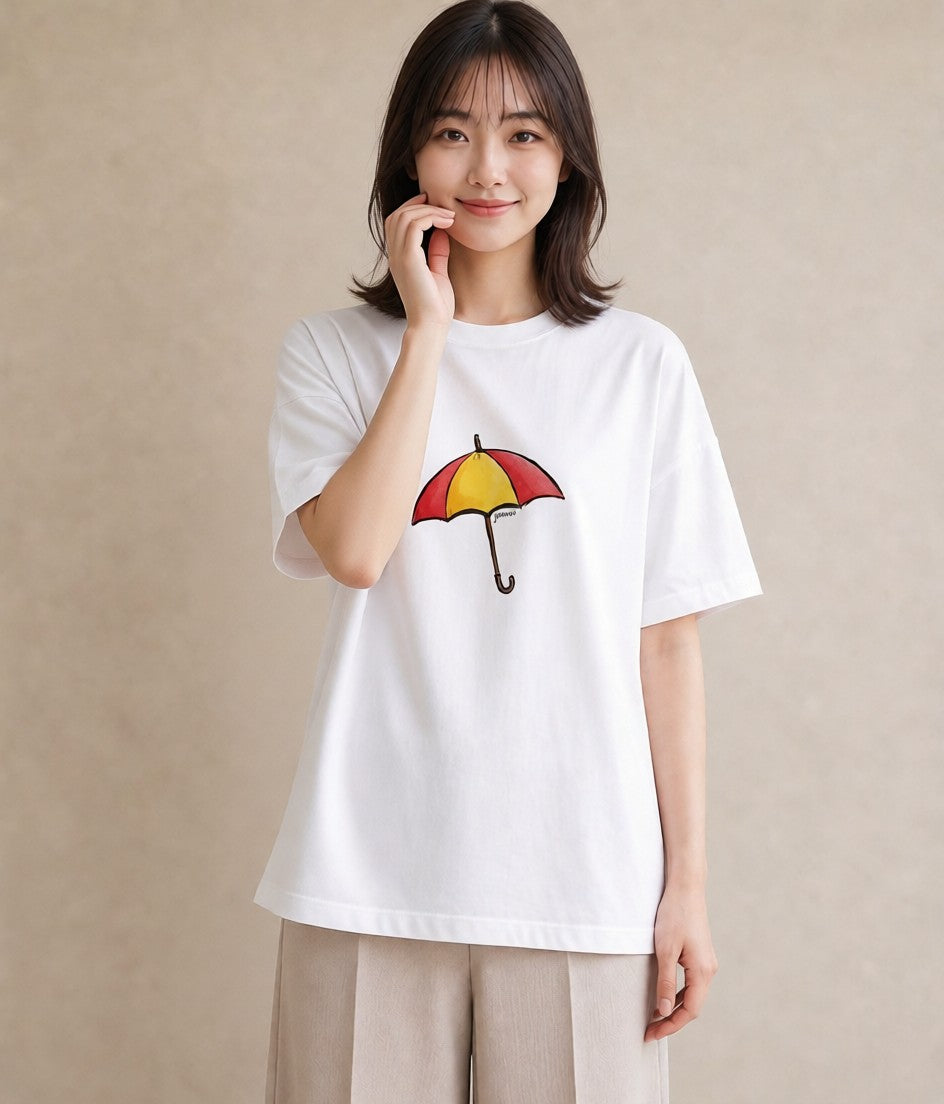 半袖Tシャツ レディース 傘 水たまり 雨 ナチュラル アンティーク イラスト こなれ感 部屋着 女性向けギフト 白T YMAZO