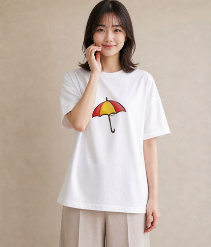 半袖Tシャツ レディース 傘 水たまり 雨 ナチュラル アンティーク イラスト こなれ感 部屋着 女性向けギフト 白T YMAZO