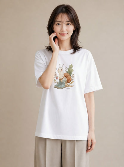 プリントTシャツ レディース かたつむり 昆虫 虫 イラスト ヴィンテージ風 綿100 デート 白T YMAZO