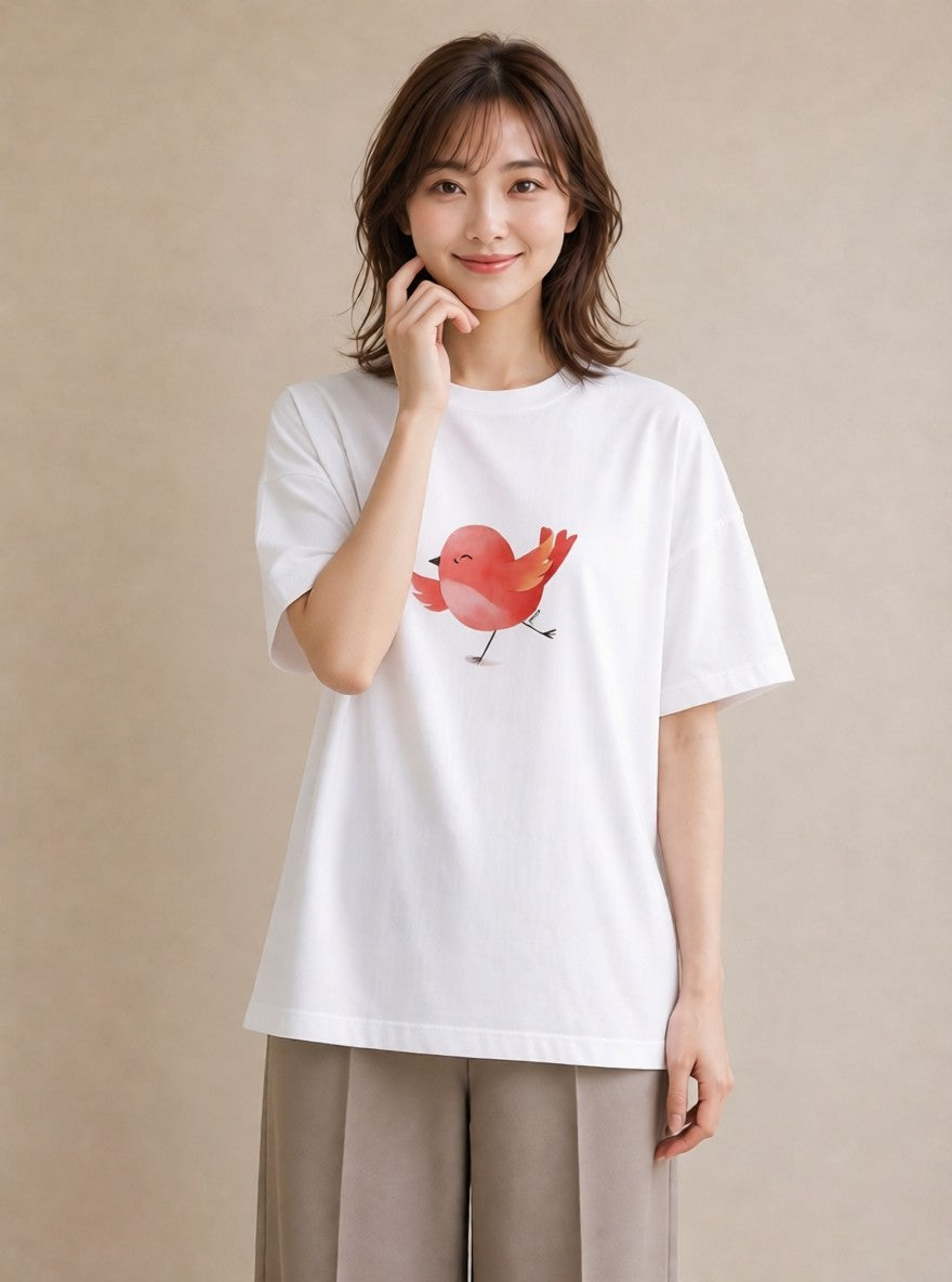 プリントTシャツ レディース 桜文鳥 ペット 動物 イラスト 手描き風 買い物 夏コーデ 白T YMAZO