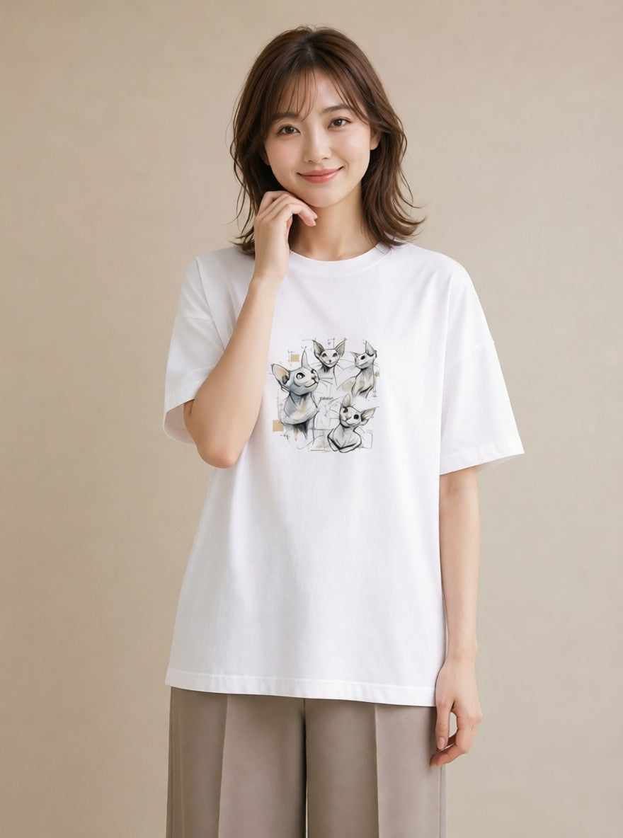 プリントTシャツ レディース シャム柄 猫 ねこ イラスト 線画 女性向けギフト 散歩 白T YMAZO