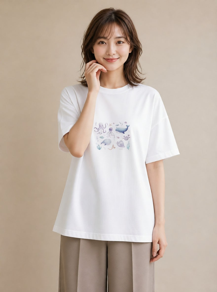 グラフィックTシャツ レディース クジラ 海の生き物 海 イラスト 休日 ペアコーデ 白T YMAZO