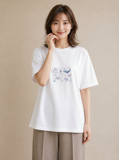グラフィックTシャツ レディース クジラ 海の生き物 海 イラスト 休日 ペアコーデ 白T YMAZO