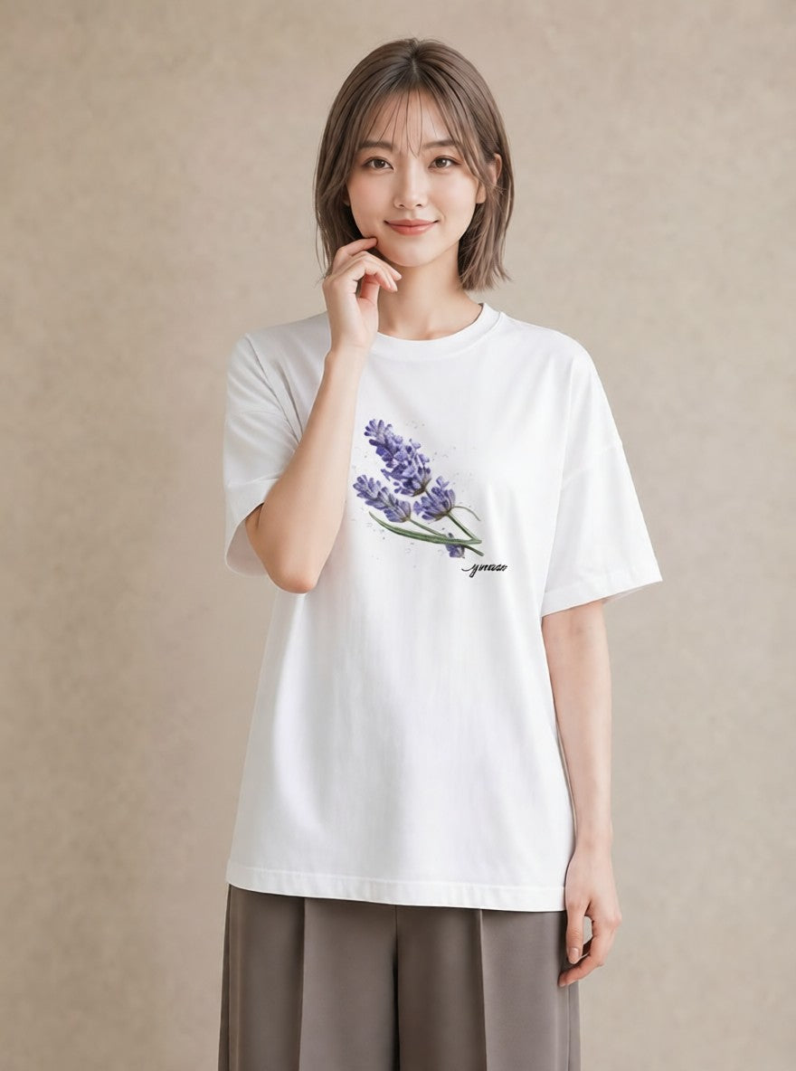プリントTシャツ レディース ラベンダー 花 花柄 イラスト ペアコーデ 秋コーデ 白T YMAZO
