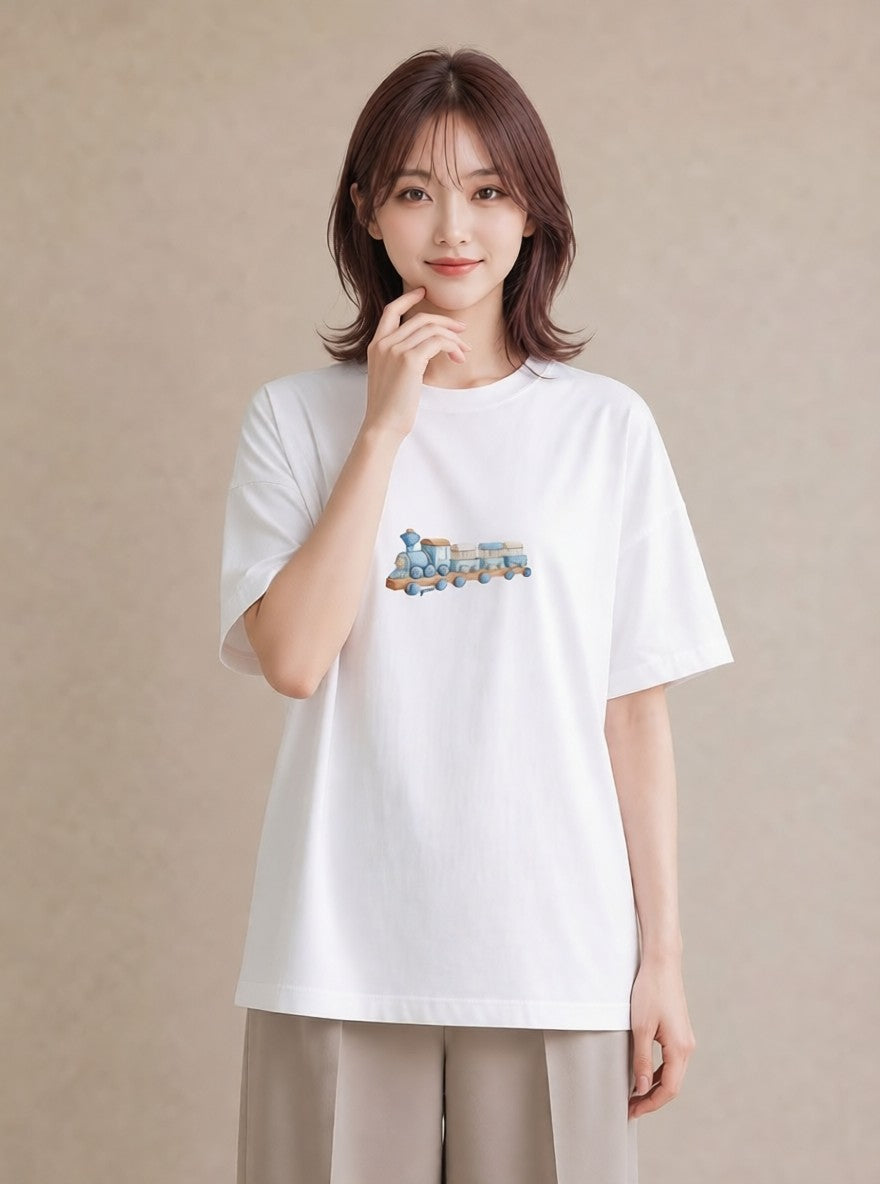 グラフィックTシャツ レディース 駅のホーム ローカル線 駅 ナチュラル アンティーク イラスト ラフ 公園 ママ 白T YMAZO